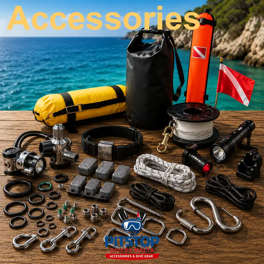 Professional scuba diving accessories including SMBs, reels, lights, clips, dry bags and technical diving hardware