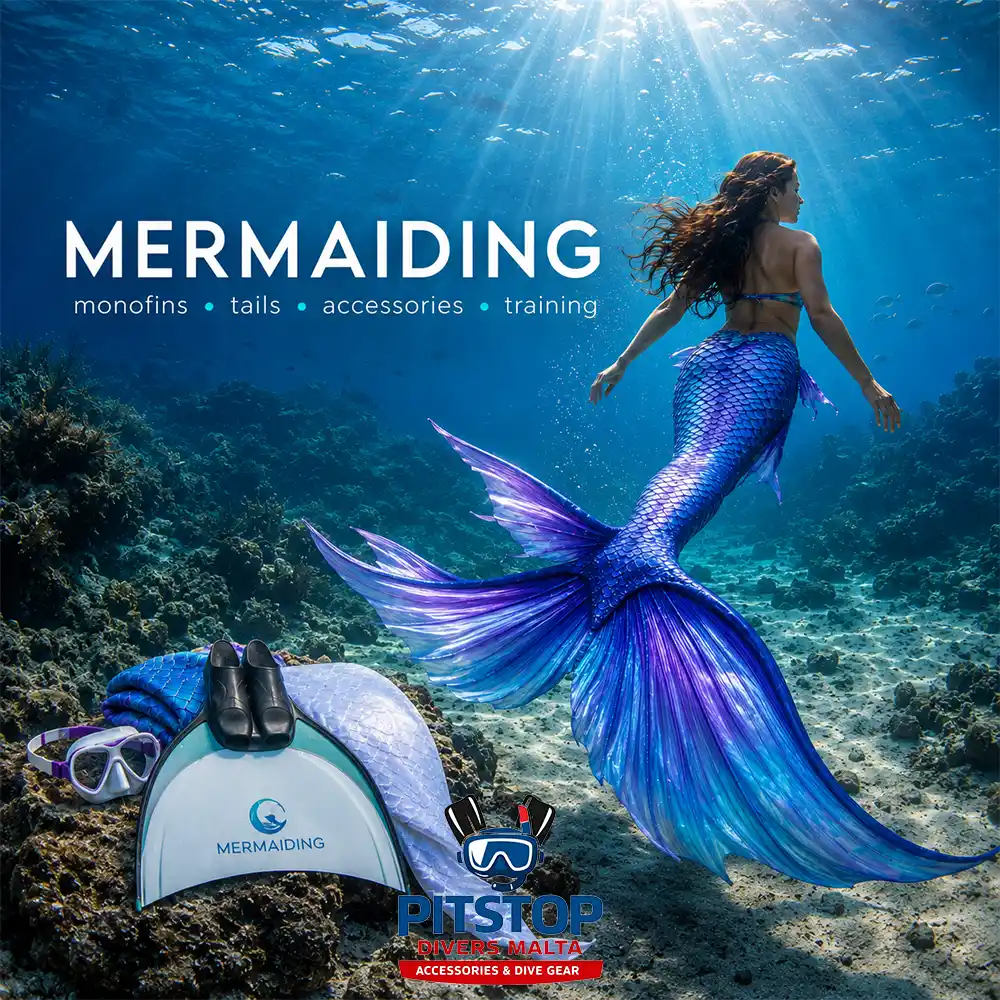 Professional mermaiding equipment including monofins, mermaid tails and accessories at Pitstop Divers