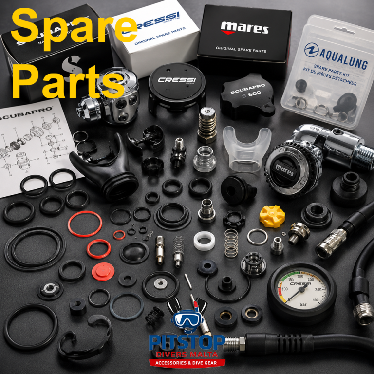 Replacement parts for scuba diving and freediving equipment including buckles, straps, mouthpieces, valves, O-rings, clips, hoses and maintenance components