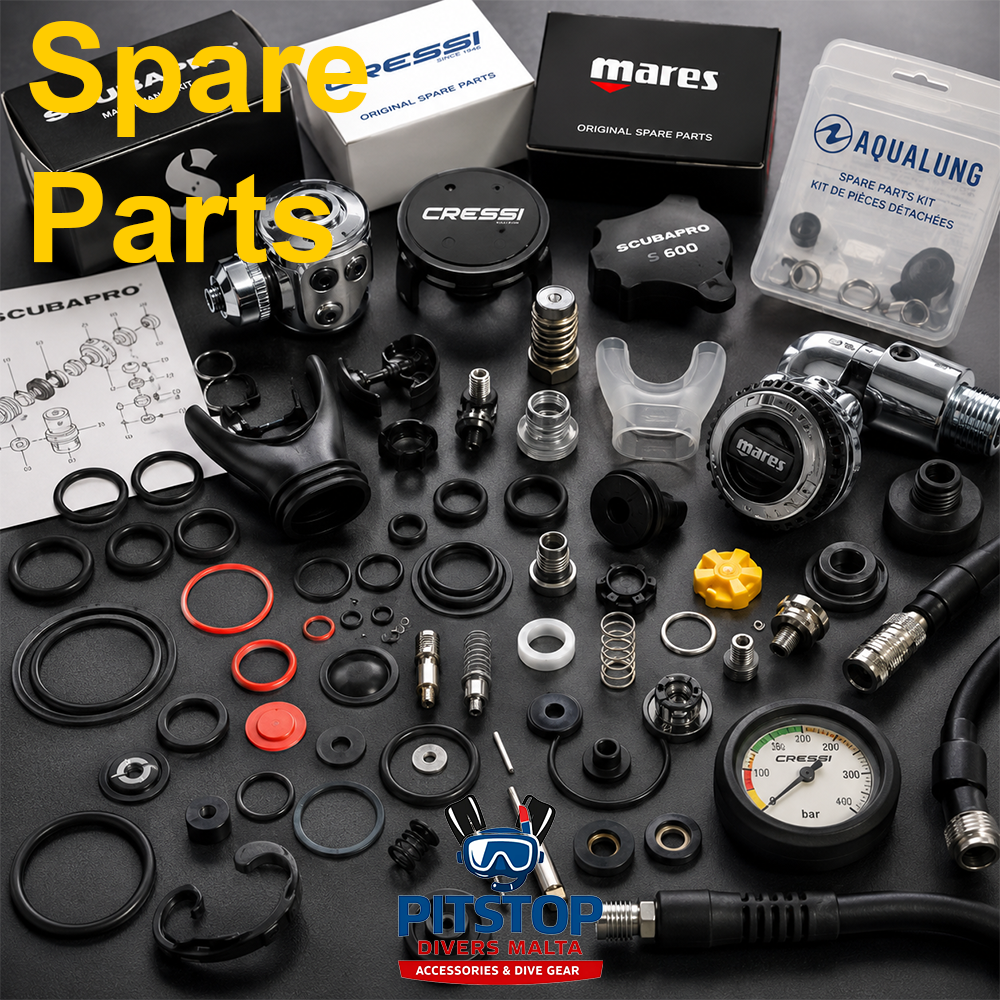 Replacement parts for scuba diving and freediving equipment including buckles, straps, mouthpieces, valves, O-rings, clips, hoses and maintenance components