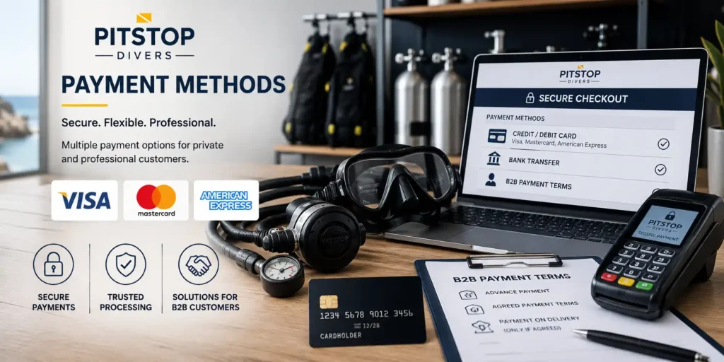 Diving equipment payment methods with Visa, Mastercard and American Express