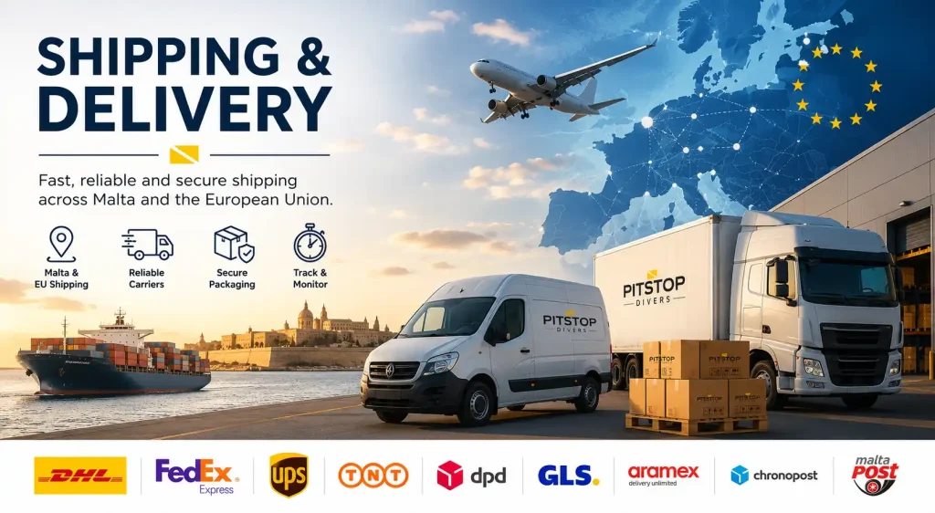 Diving equipment shipping across Malta and the European Union